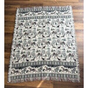 Winter Village Horse tapestry throw Coming Home 100% cotton 67"× 54" Blanket VTG